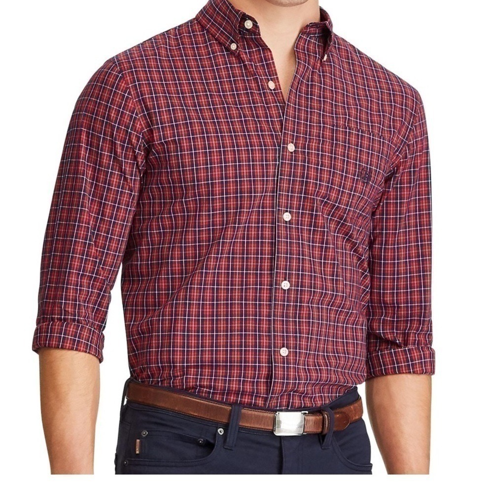Chaps Mens Easy Care Plaid Button‎ Down Shirt Red Navy Blue Large NWT